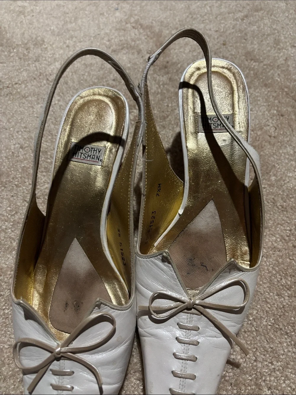 Timothy Hitsman White Leather Lace-Up Slingback Pumps with Gold Interior